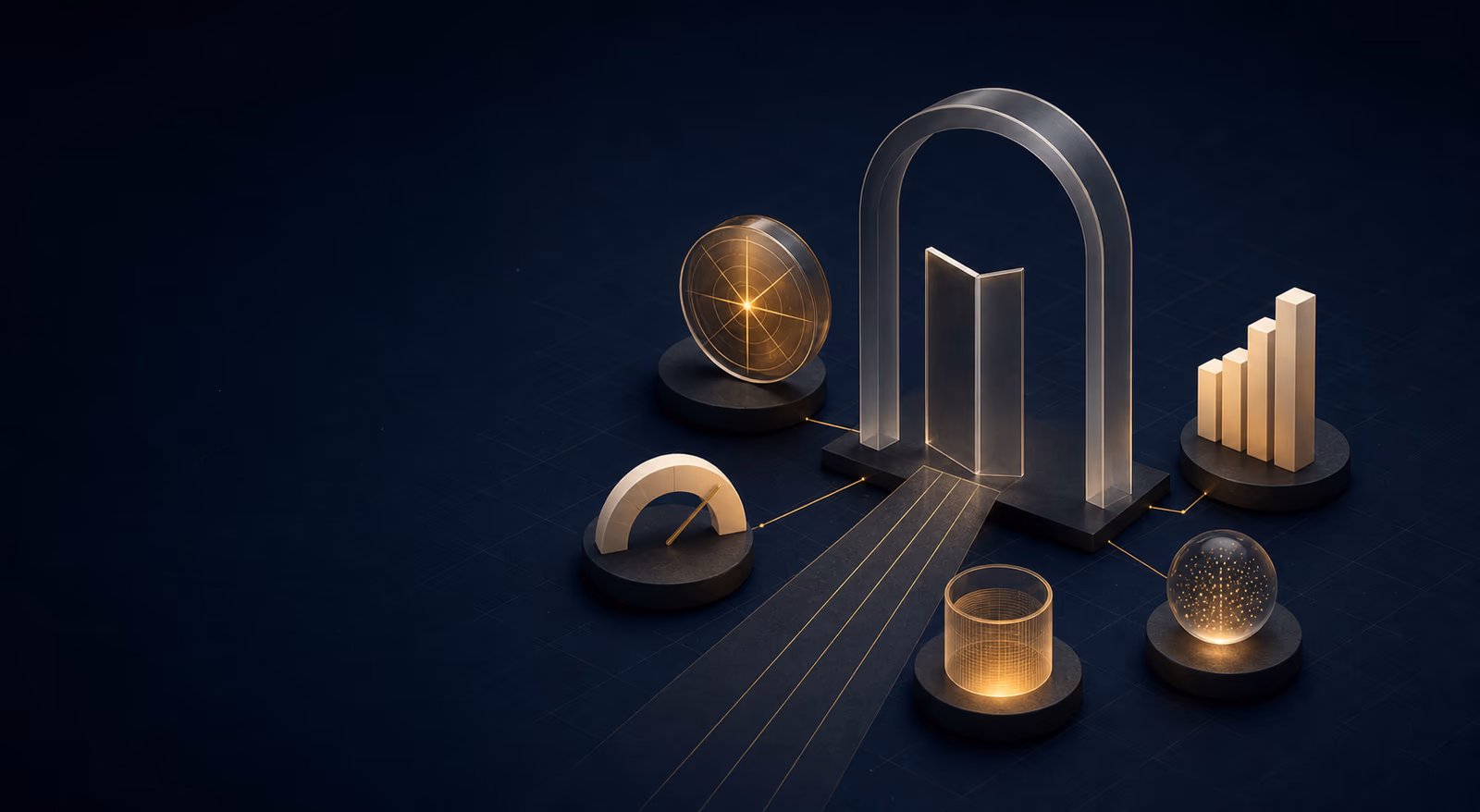 Five instruments — a radar dial, a gauge, a bar chart, a mesh cylinder and a star-filled sphere — arranged on plinths around a lit archway.
