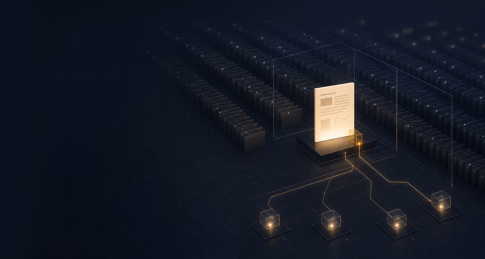Rows of dark server racks receding into shadow, with one glowing document raised on a plinth and thin amber lines running from it to four small lit cubes.