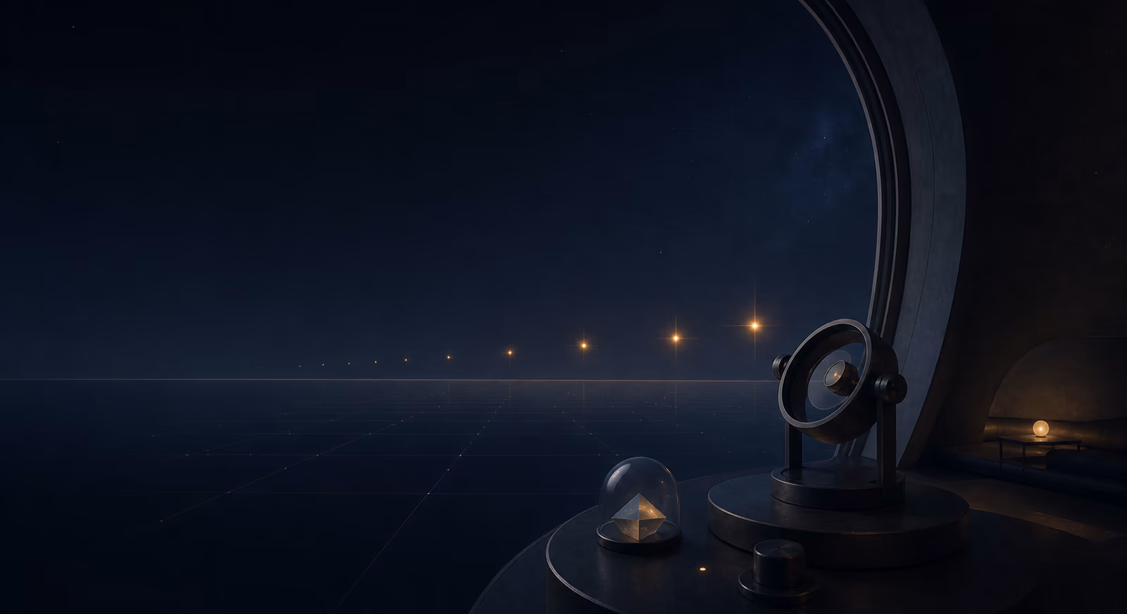 A telescope on an observatory terrace looking out over a dark plain, with a line of faint lights strung along the horizon.